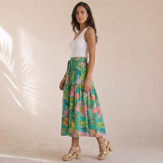 Prosperina - Gonna Midi In Cotone Con Stampa Floreale Tropicale