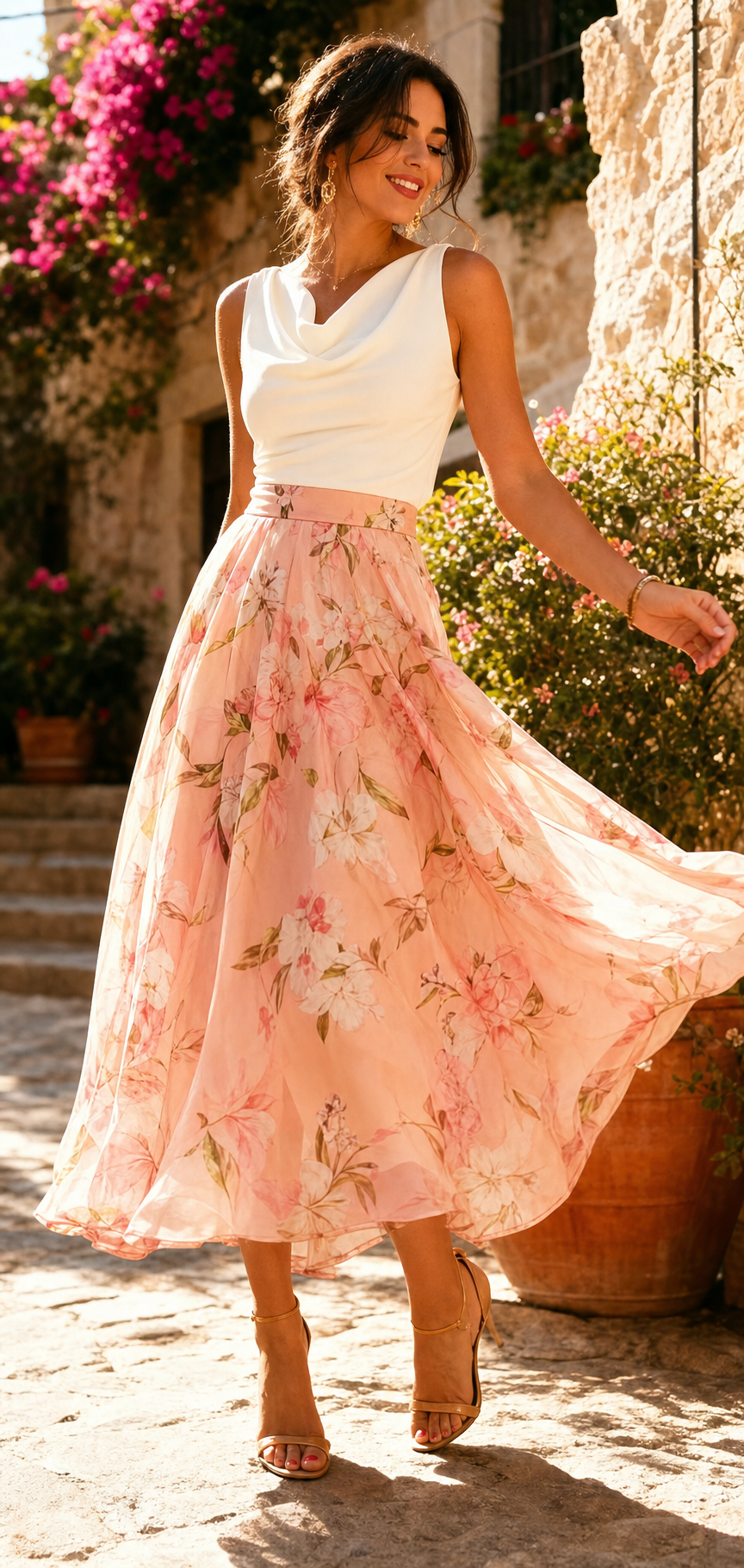 Modella con top avorio e gonna floreale rosa in movimento in un cortile mediterraneo