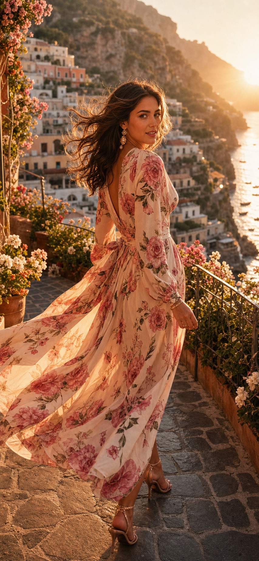 Modella in abito floreale su una terrazza della Costiera Amalfitana al tramonto