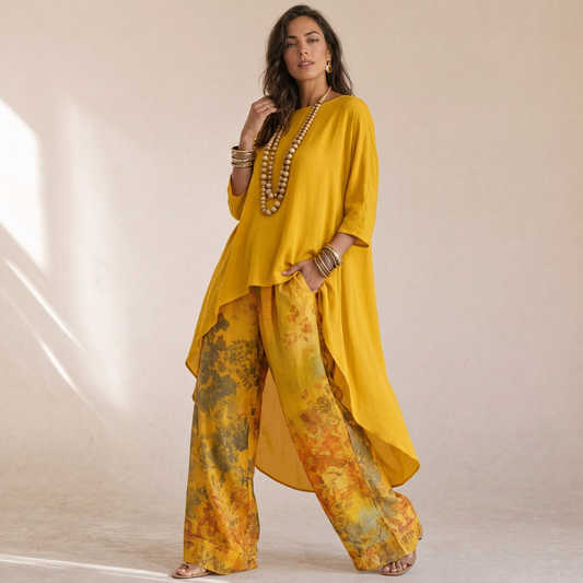 Alessia - Completo Due Pezzi Floreale Con Pantaloni Ampi