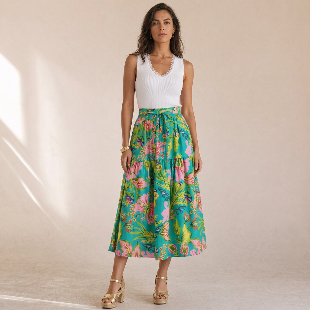 Prosperina - Gonna Midi In Cotone Con Stampa Floreale Tropicale