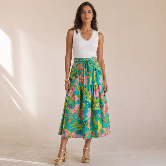 Prosperina - Gonna Midi In Cotone Con Stampa Floreale Tropicale