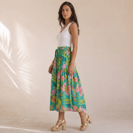 Prosperina - Gonna Midi In Cotone Con Stampa Floreale Tropicale